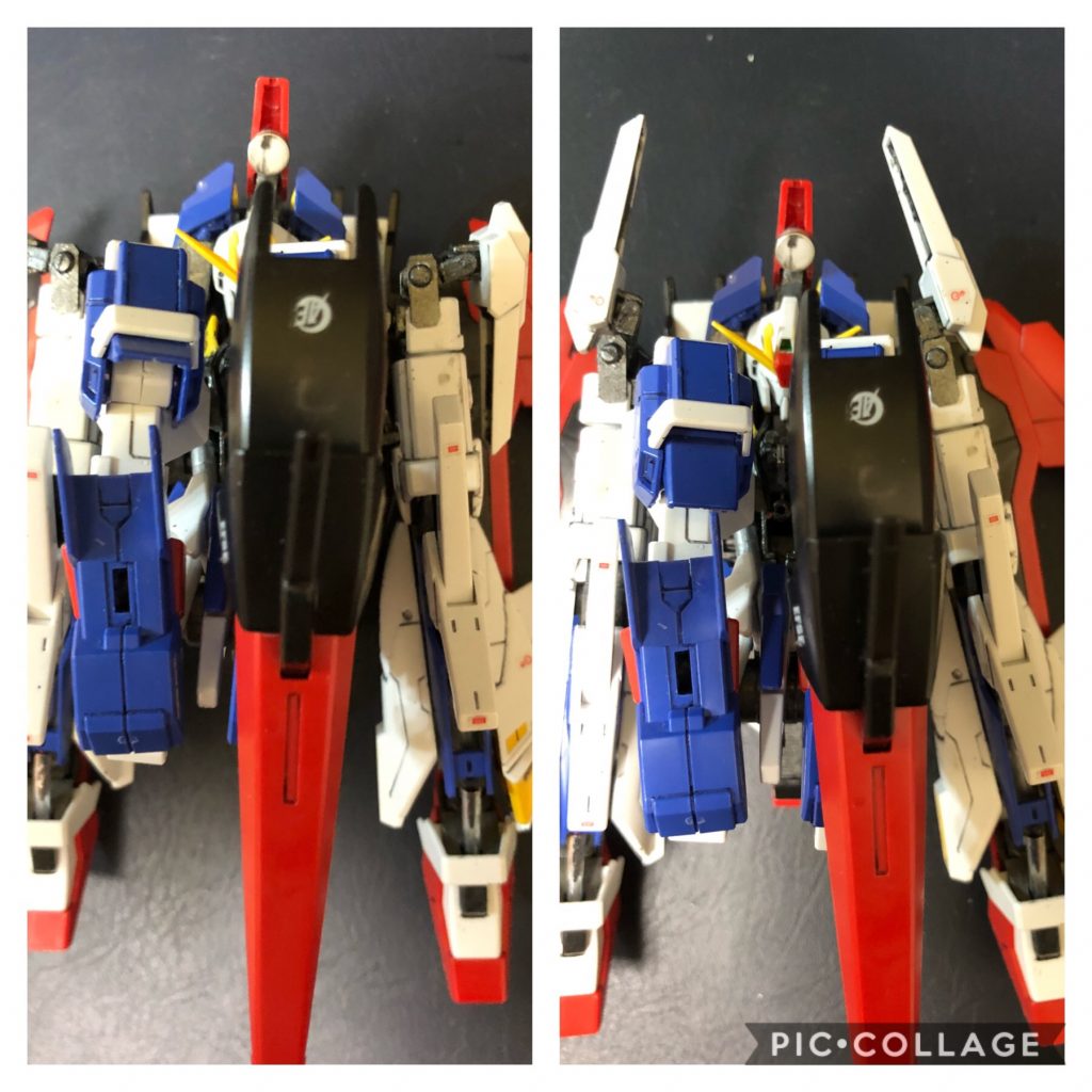 ③ 両脚部を股部から本体側面部に移動する。その際に両脚部を折り畳む。
④ サイドアーマーを両脚部の前方に位置変更する。