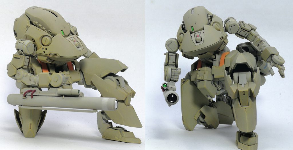 手持ち武器はレーザーユニット。
本体とセットで開発された外部電力供給式で中~近距離目標を切り裂く大出力レーザー砲。
米軍の艦載レーザーをイメージソースに極力無駄を省いたただの筒みたいな外見を目指しました。