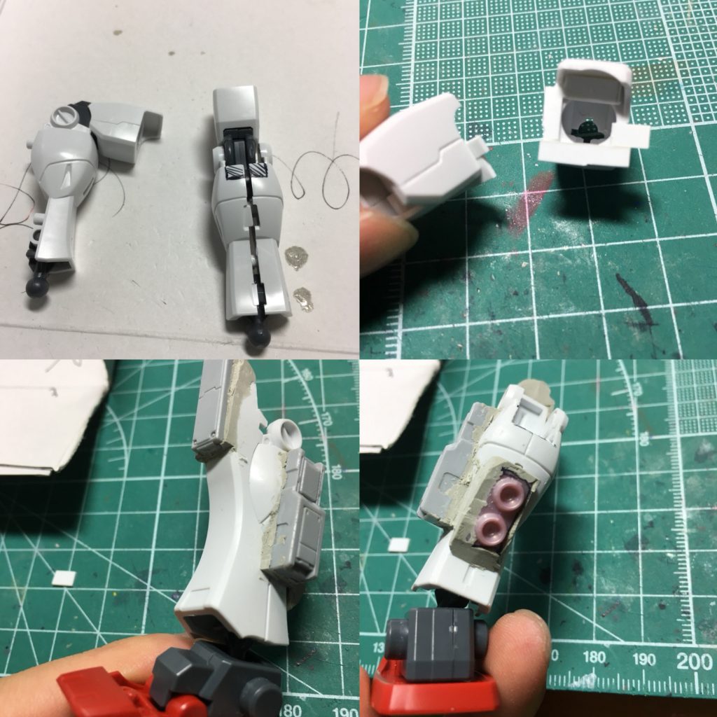 ふくらはぎの合わせ目消しの前に、膝の可動が狭かったので膝裏を切り取り、可動範囲を拡大。太ももの合わせ目はナイフで削り、ディテール処理。0.75mmプラ板を上部に貼って延長し気持ちスリム体形に。

足首装甲は接地の邪魔になるので省略。膝関節も内側を削り、塗装はげを防止します。膝、スネ外、ふくらはぎにMSアーマー01やジャンクを追加し、上半身とのバランスを取りました。

肩アーマーは前後と天面にMSアーマー01を、外側にはMSバーニア01を接着してボリュームアップ。前腕は武装装着の都合で左右非対称に。フロントアーマー追加用のパーツを加工して左腕に装着。右腕は小装甲を接着。

拳はキット付属品と、MSハンド01(連邦用)も使用。肩と前腕にスジ彫りを追加。塗膜の厚みも考慮して、肘の内側を合わせ目消しの前に削って隙間を確保しておきます。