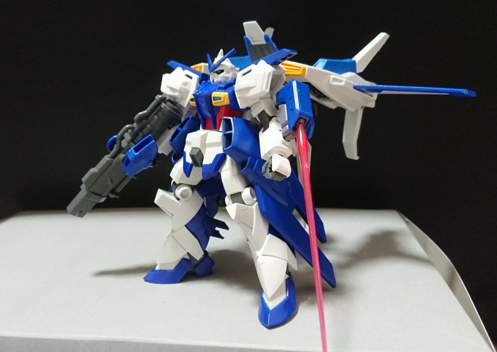 [大型ブースター装備時]

[追加武装]GNブレイド×２、着脱可能シールドブースター、サブアーム、プラネイトディフェンサー×１０、となっている。

[総合スペック]1.0～13.0の内
8.9と想定。
(Gディライザー装備時よりエネルギー量が多い為スペックが少し高い)

後方支援や偵察等を行う際に装備するバックパック、機動力が上がり長時間の空中飛行が可能となっている。
(このバックパックを装備した状態で撃てるメガビームキャノンの照射は３発)
万が一敵がこちらに接近しても高い機動力で後方へ退く事もでき着脱可能なシールドブースターを前方に飛ばし足止めをさせる事も可能(可能であっても成功するとは限らない、操縦者の性格上敵が来ても後ろに下がらず衝突する可能性が高い)。
GNブレイドは自分では無く武装を失った味方機等に渡す為の装備である。
サブアームはビームライフルを持たせられる為兵装の数を増やせるのだが今まで１度しか装備をした事がない。
サブアームと同様にプラネイトディフェンサーもまだ１度しか装備をした事が無い。