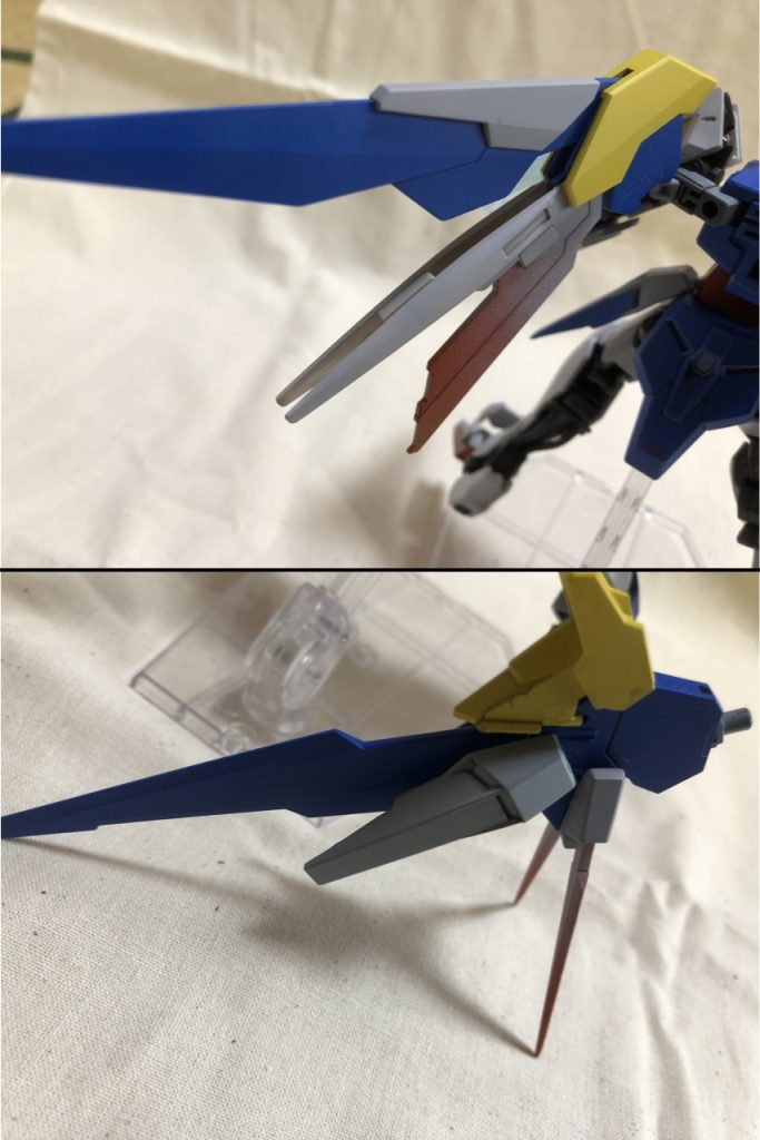 翼部分
上写真はもともとあったウィングリナーシタのままです。
下写真はありあわせのダークマターブースターとバルバトスのパーツからそれっぽく組み合わせました。