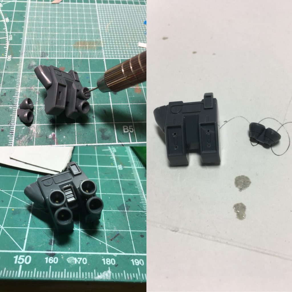 バックパックにプラ板で少々ディテールを追加。メインバーニアが上下でつながっていたので、独立化させました。まず組み付けた状態で0.8mmピンバイスでバックパック本体まで貫通。貫通しているか確認したら接続ピンと上下を切り離して整形、0.8mm真鍮線を通して接続。切り取ったピンはバックパックの受けに接着しておきます。樹脂入りセメントでガッチリ接着しておきましょう。

また、中央のへこみに市販パーツの小型スラスターを接着。