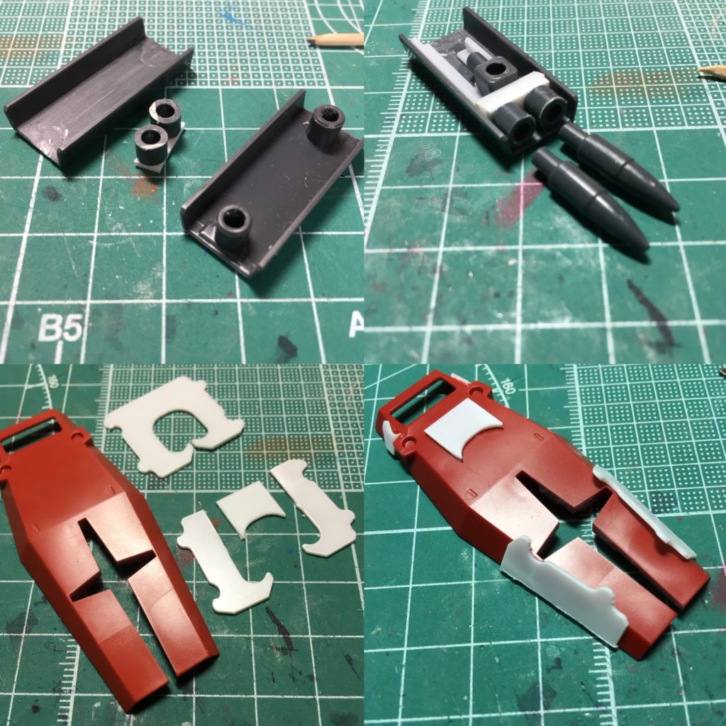 スパイクシールドはHGBCボールデンアームアームズから。裏側の接続部を切り取って横並びにし、スパイクを装着。ジョイントを作り直しました。裏面はL字型プラ材でディテールを追加。

シールドには食パンのクリップを分割、接着してアップリケアーマーを付けました。同じプラ製なので、集めておくといいでしょう。意外と使い道少ないですが…。ハンドグレネードはMSキャノン01の付属品。ジャンクでマウントを製作し左腰に装備。