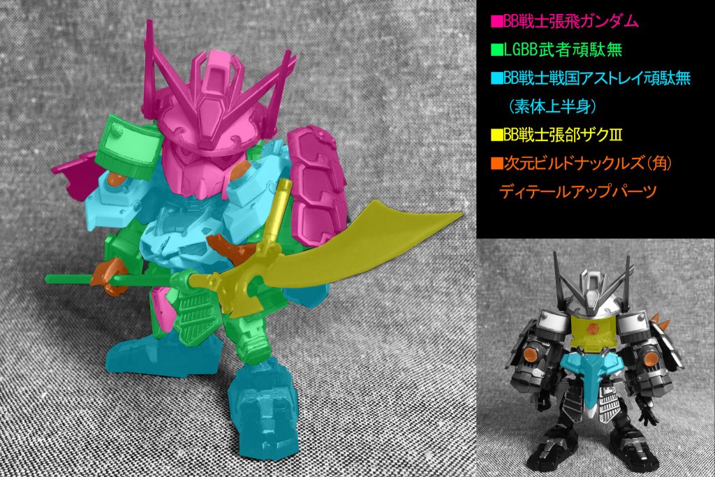 使用したキットは上の画像の通りです。
兜は上半分は張飛ガンダム、下半分が武者頑駄無のものです。各先端部分を削り込んでシャープにしています。
角ばっていた顎もシャープに整形しました。
肉抜き穴がある部分はパテで埋めています。
張飛から持ってきた肩鎧の片方には市販のスパイクパーツを接着してザク感を演出。