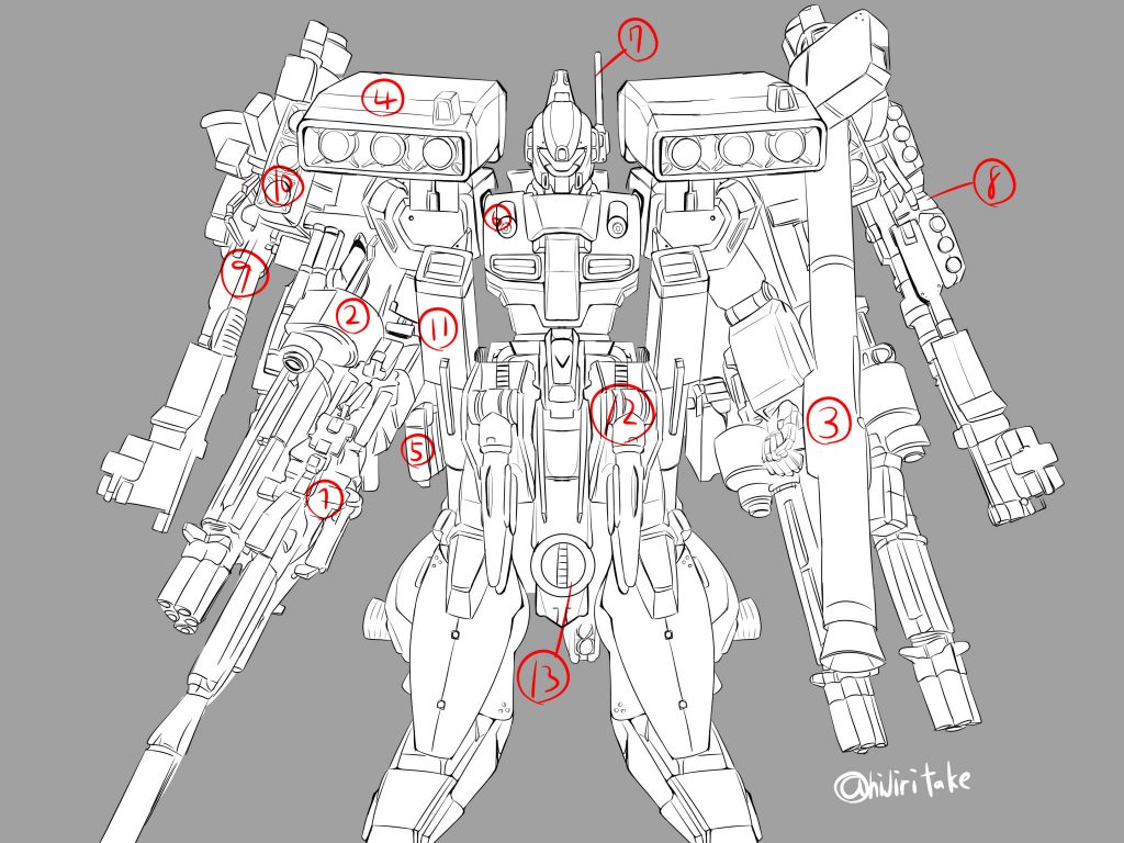 武装紹介
①ビーム・マグナム
②ビーム・ガトリングガンx2(右手のみビームスプレーガン接続)
③専用ハイパー・バズーカ
④3連装ミサイルポッドx2
⑤専用ハンド・グレネードx2
⑥ダミー弾x2
⑦バルカンポッド
⑧ハンド・グレネード
⑨ハイパー・バズーカx2
⑩対艦ミサイル・ランチャーx2
⑪ビーム・キャノンx2(近接攻撃可能)
⑫迫撃砲x2
⑬Iフィールド発生装置