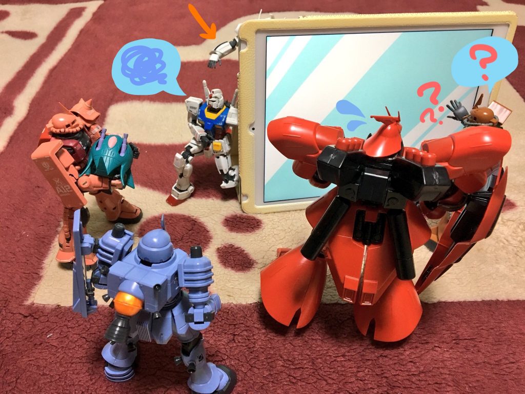 ダム:気づいたの誰ー?
赤ザク:ヅダー
ヅダ:ガルマザクなら騙せるけどな、この私は騙されないぞ
ガル:液晶って中に入れるんだ! すげー!
サザ:いやだから、液晶に直接モビルスーツは入れな……ああーダメだ、坊やだから完全に騙されてる