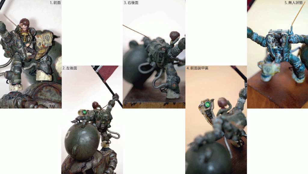 マシーネン風プチッガイです。
「旗を持ったプチッガイ」がいつの間にか
「旗を持ったマシーネン風パワードスーツに乗った西住殿」になっていました。
行き当たりばったりな制作過程の中で、
「この構造じゃ操縦できなくない？」と思い悩み、
「ふーんだ！撮影用のハリボテだからいいんですぅ〜！」
と開き直ることにしました。