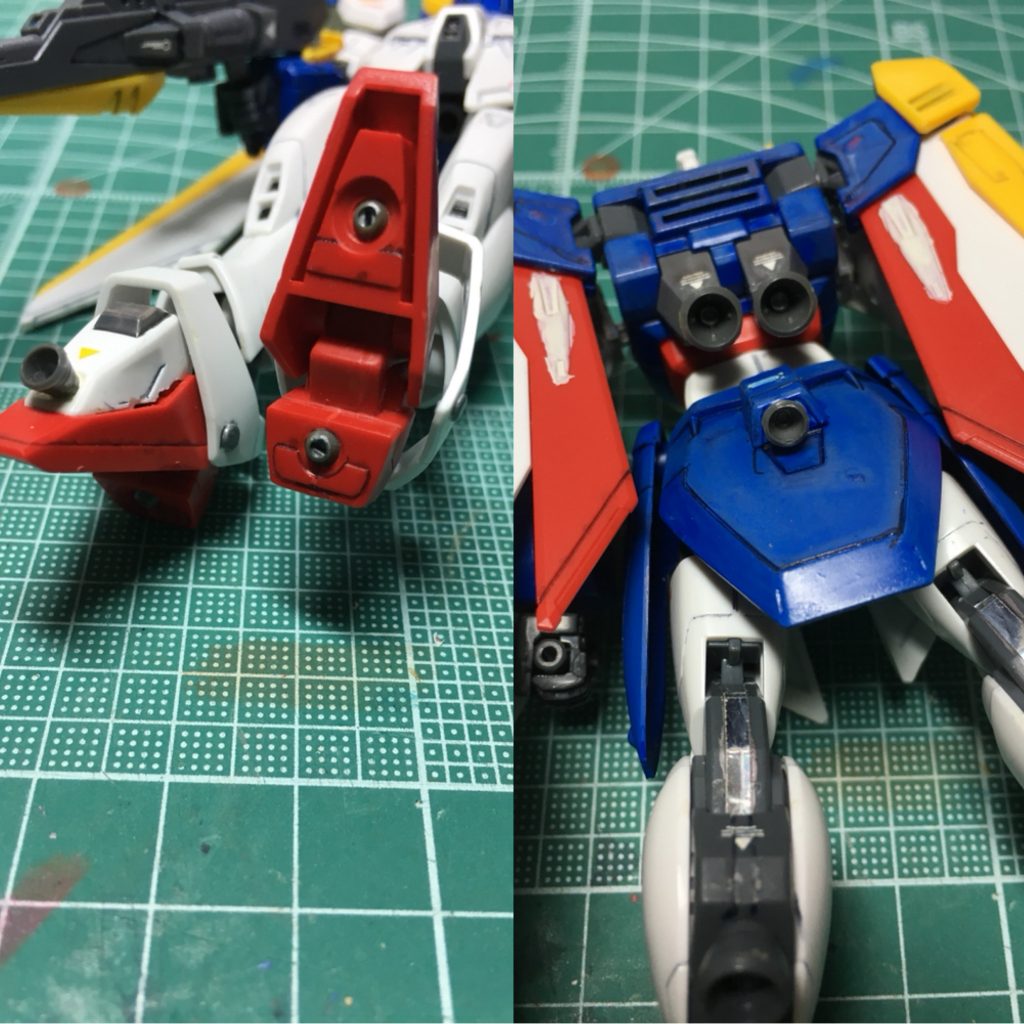 TVシリーズ前半ではガンダムは陸戦が得意だったと思われる描写が見られ、特にウイングのような可変飛行機体は珍しかったのでしょう。
 足裏にはウェーブの「U・バーニア」、それ以外の機体各所にコトブキヤの「バーニアノズル」を接着。バックパック以外は3mmピンバイスで開口し、差し込んで接着しています。
バックパックのノズルはプラ板でふさいでから接着していますが、ここは不自然ですね。