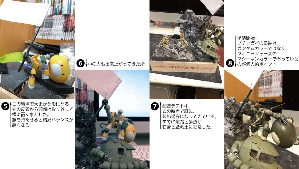 素材等費用をケチったつもりが色々思いつきで買い足した結果、
超絶予算オーバーしました。
その費用あればジオン兵フィギュア買えたのに・・・