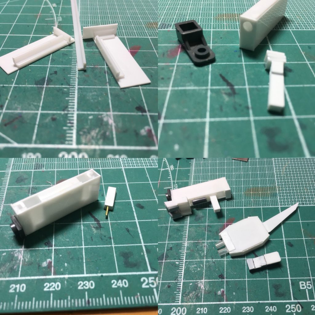 ハンドガンはガシャコンマグナムをイメージし、プラ板の箱組みで製作。「MSサイトレンズ01」でセンサーを、アクションベース02のジョイントを加工した銃口を接着。グリップはシンチュウ線で接続。

右腕のマシンガンナイフはガシャコンバグヴァイザーをイメージ。プラ板で製作し、銃口はボールペンの芯、マガジンは他キットから流用。