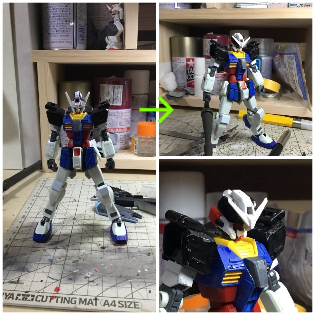 画像が少ないんですが、製作過程です。
胴体は元々リバイブガンダムを使っていました。なんか急に気に入らず、クアンタに変更。
頭部は長いですw元々はアスタロトでした。マスク部分をクアンタに変え、アンテナの角度を変え、サバーニャの耳を付けてました。
結局、サバーニャの頭部になりましたw
最後に、ご覧いただきありがとうございました!