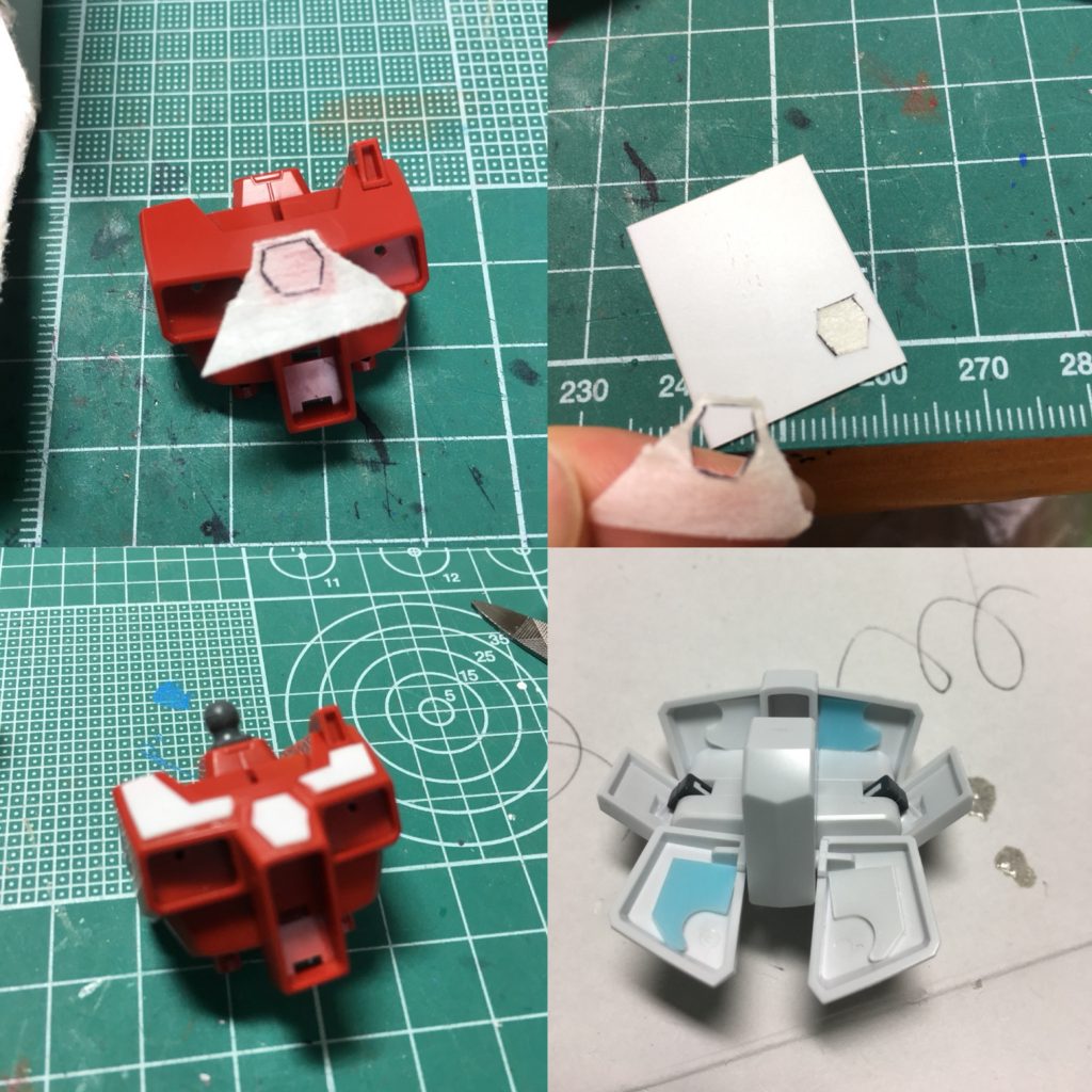 追加装甲を装着。BPHDだと決まった形しかないので、0.5mmプラ板で製作。マスキングテープをパーツに貼り、スミ入れペンで一回り小さくディテールを写し取ります。写したらプラ板に貼って輪郭に沿って切り出します。胸の左右で形が違うので、それに伴って形状も左右非対称にしています。胴体側と頭のボールジョイント受けにプラ板を貼り、それぞれ0.5mm延長。

またビルダーズパーツHDの「MSアーマー01」を前後面に接着、リアアーマーにスジ彫りを入れ、ナイフのマウントを製作。また、装甲裏に食パンのクリップを加工して接着し、ディテールアップ。

フンドシ部分と干渉して腰が少し回しづらかったので腰パーツにプラ板を貼り0.6mm延長。サイドアーマーの穴は3mmピンバイスで彫りこみ、武装の着脱をしやすく調整しました。