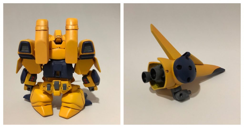 後姿は資料がない為、オリジナルになります。肩とミサイルポッドが一体化されている為、通常のズサとは異なる構造にしました。