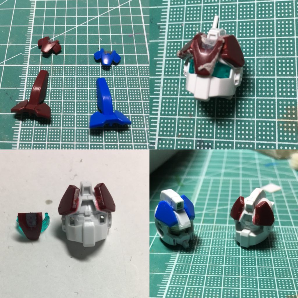 ぼんやりした顔をカッコよくしたかったので、HGアストレアで余るエクシアのコクピットや胸のパーツを使いシルエットを変えます。頭部は接着して合わせ目を消します。ゴーグルの真ん中が隠れていますが一応見えている、という設定です…。

また「U.C. HARDGRAPH　陸戦型ガンダム地上戦セット」から陸戦型ジムの頭も使用。メインカメラとゴーグルが一体ではめ外しに苦労するのでノコギリで分割。

ひさしにプラ板を貼り1.2mm延長。位置調整の時ゴーグルをマスキングして保護してから組み込み、プラ板を貼っています。ゴーグルの後ハメ化は難しかったので、合わせ目をディテール処理しました。アンテナを左耳に、センサーを額に追加。