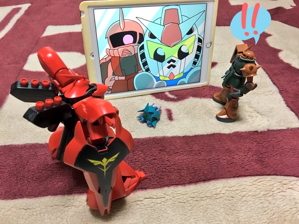 サザ:不審物をそんなベタベタ触るんじゃない
ガル:お、なんかついた……あれ、ガンダムなにしてるんだ?
サザ:赤いザクもいるぞ
ガル:手ェ振ったら振り返してくれるかな