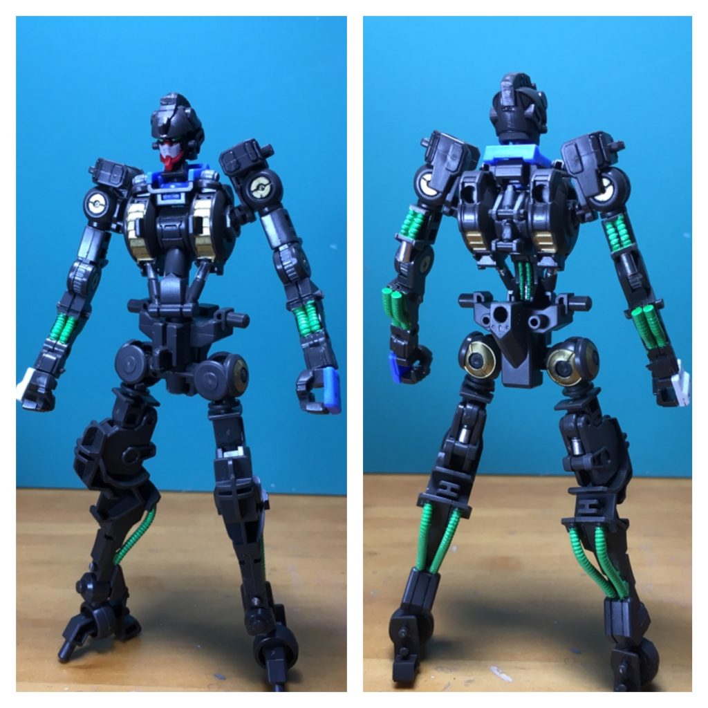 今回の見どころであるガンダムフレームの塗装です。胸部のエイハブ・リアクター、肩と肘と股関節の丸モールドは金で塗り分けました。ハイレゾリューションモデルやホビージャパンでの簡単仕上げ作例を参考にしています。
 上腕と太もも裏、腹部のシリンダーはホイルシールの余銀を切り抜き、現物あわせで貼り、金属感を演出しました。
 腕部、ふくらはぎ、背中などのケーブルはガンダム・フレームそれぞれで異なる色だと設定して塗装。当初はバルバトスに緑、アスタロトにオレンジと想定していました。しかし、アスタロトオリジンだったころの赤い外装を考慮し、反対色として緑を選びました。
 ケーブルの色で想定しているのが、
バルバトス系=オレンジ、グシオン系=水色、キマリス(ヴィダール含め)系=銀、
ウヴァル=金、バエル=赤、ダンタリオン=ピンク、みたいな感じです。
 脛から膝にかけては、装甲側とフレーム側をそれぞれ削り、着脱をしやすく調整しています。