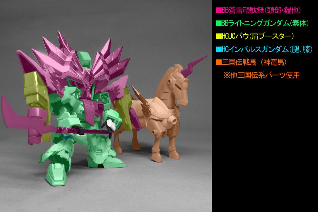 素体のライトニングガンダムの部分は基本工作以外ほとんど手を加えていませんが、頭部はライトニングガンダムのエルメっと裏にパテを盛り、蒼雷頑駄無の軽装タイプの頭部が被せられるようにしました。
手首は次元ビルドナックルを使用しています。