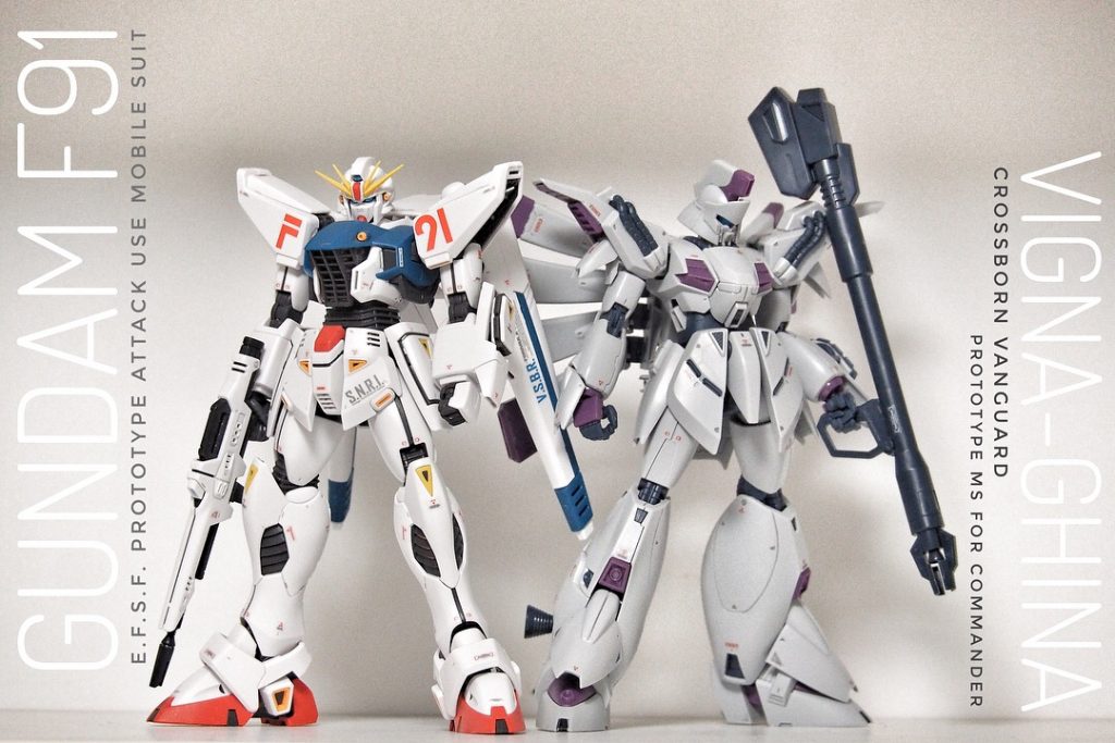 F91とビギナギナ、1／100スケールで統一されてますので、別ブランドでも遜色なく飾れますね。ただ、ビギナギナの方は合わせ目が目立ったり、持ち手の問題だったりと、気になる人は要改修という感じです。またキットのアンダーゲートの位置が悪く、しっかりゲート処理してあげないとパーツの噛み合わせが悪かったり、2018年のキットとしては若干手のかかるキットでした。