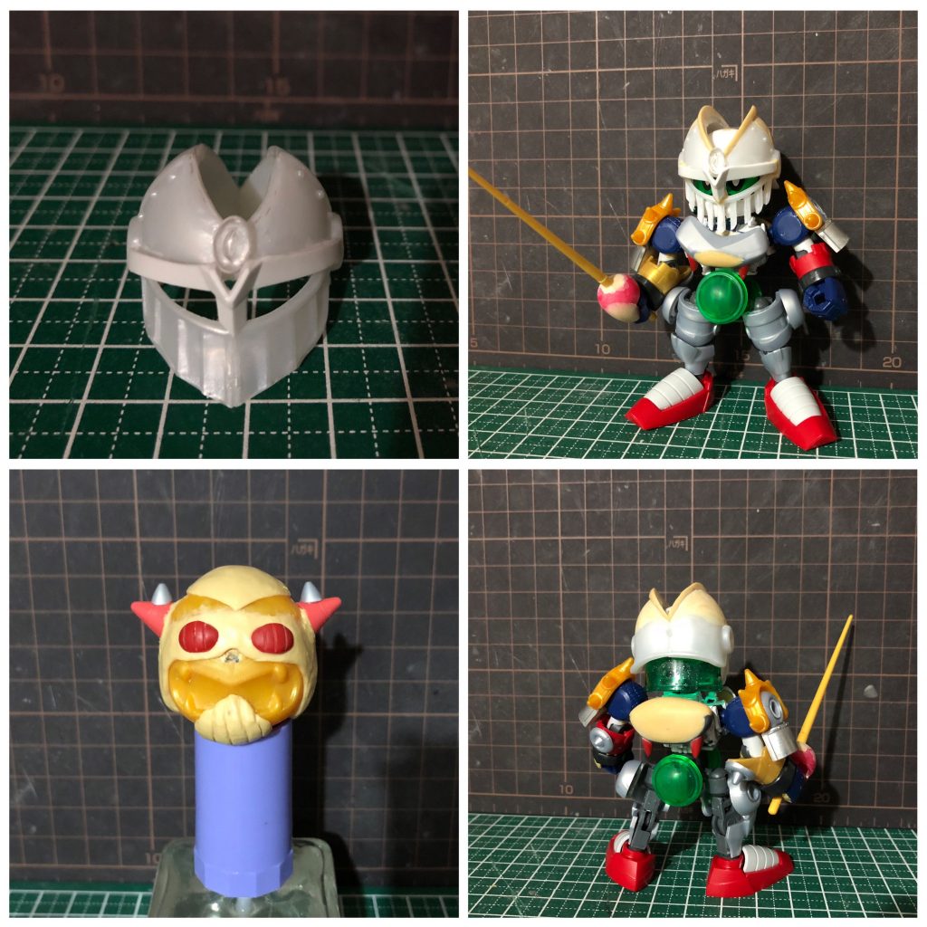 兜は皇騎士に付いてる銀の兜と騎士ユニコーンの兜の鼻筋の部分を接着して再現しました。パテの使用は兜の縁や胸、背部位です。
クリームはBB戦士のうっかりザクレロベースになります。