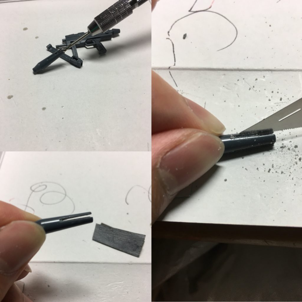 ビーム・ライフルは接着後に上部フックを切り離し、合わせ目を消します。できたら後方にずらして再接着し、ラインどりを変えました。
　
バレルの隙間は強度確保のため繋がっているのでディテールアップ。2mmピンバイスで銃口を広げ、エッチングソーでつながっている部分を慎重に切り取り、400番紙やすりで整形。