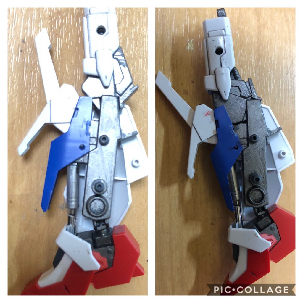 以上の項目のうち、1.2.までは以前にジョイントパーツにて改造済。
項目3以降について説明する。
なお、主にボールデンボールアームズの各種ジョイントを用いる事で対応した。
項目3:正確には大まかな形状は前回の状態で出来上がってはいたが、脛パーツの可動やシリンダーの改修が主な変更点。針金などでウェブライダー可変時に逃せる様に改修。シリンダーは途中までしかなかったので脚の中まで延長。
項目4:腕部の接続部を切除し、胸部下部からジョイントパーツで繋げた。MS時は本体内部のネオジム磁石と腕部元の金属パーツで接合する事で形状保持。
項目5:今回最大の改修ポイント。股下の脚接続部は撤去。背面部からジョイントを伸ばして脚部に接続。ウェブライダー時用に接続用パーツも内蔵。2点保持して可変後も形状保持する。(その為、内腿部に保持用の穴がある)
なお、MS時に形状保持出来るように、股下に保持用のパーツを新設している。
項目6:Zガンダムではアームの可動によってウェブライダー下部に移動するバインダーだが、ウェブライダー時の形状を加味し、アームでの移動ではなく無線機構にて移動し、ウェブライダー時には脚部にネオジム磁石により接続する。
項目7:単純な可動ではウェブライダー時に浮いてしまうので、結局3点の可動ポイントを設け、本体に出来るだけ密着する様に改修。
項目8:ネオジム磁石で保持出来る様に改修。
以上の改修を得てMS時の容姿はほぼそのままに可変する事に成功した。
また、首が短すぎるので延長している。