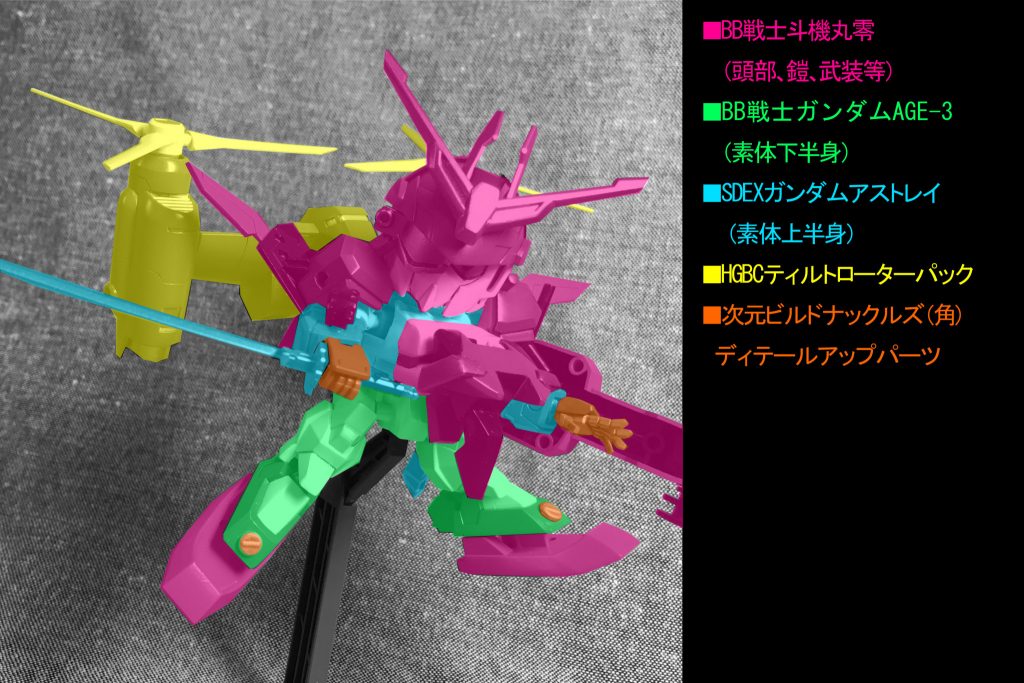 上半身にSDエクスタンダードのガンダムアストレイレッドフレームを、下半身にBB戦士ガンダムAGE-3を、頭部や鎧などにモチーフキットの斗機丸零を使用しました。