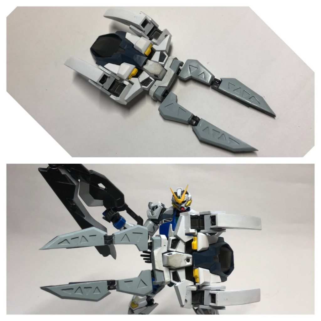 複合盾アイギスは可動部が多く諸々難航しましたがご覧の仕上がり。フィンの可動は2mm丸棒で、ハサミ基部はSDフィギュアの肩関節を加工して移植して対応しました。イマイチ精度が出なかったので大分課題が残った感じです。中央ブロックはどうしても禿げちゃうのでいずれ作り直します。
チラ見えしてるベイオネットも一応合わせ目処理と刃のシャープ化してます。