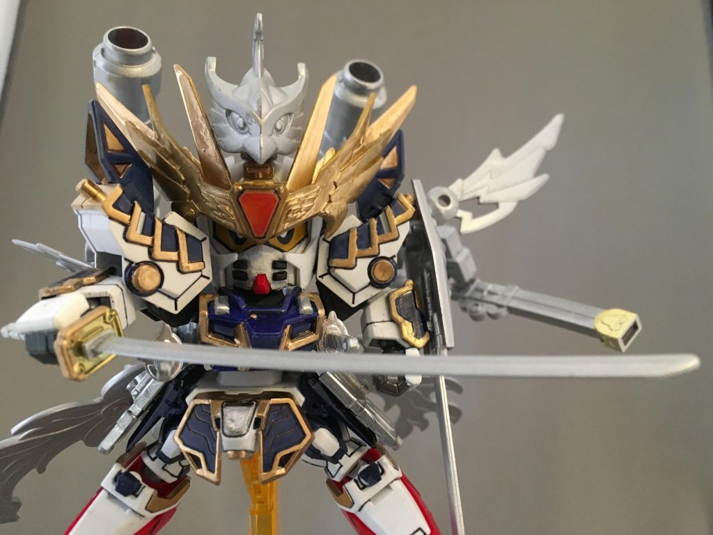 銀の羽衣を装着する事で様々な武器が使用可能に。
二刀流、合体銀狼剣、電磁大筒、そして最大の武器は大刀 完全制覇(グランドスラム)！
IWSPの武装はできる限り詰め込みましたが、首回りの単装砲だけスペース取れなかったので胸鎧のディテールにしました。