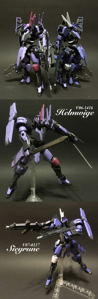 *6番機[兜の戦乙女]ヘルムヴィーゲ*。ジークルーネとの２体１対として開発された姉妹機。ＭＡとの戦闘は敵機1に対して複数機で遂行される場合が多く、連携を主眼とした調整が成されている。右肩にヴァルキュリアシールドとその裏にヴァルキュリアブレード１刀を装備する。そして特殊な形状で挟み切ることもできるヴァルキュリアグレイブも使用するとともに、射撃装備のヴァルキュリアアサルトライフルＢを扱う。ジークルーネの持つブレードと併せて二刀流で戦うことも多い。二つ名の兜はジークルーネの勝利と合わせて打ち勝つことの象徴を表す。