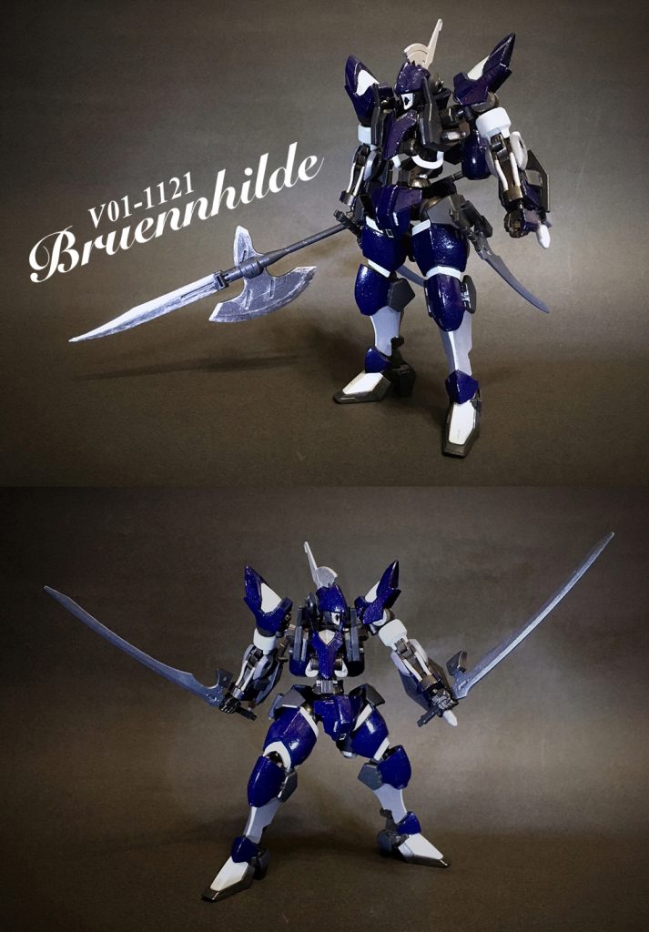 *1番機[甲冑を着た戦乙女]ブリュンヒルデ*。フレーム規格として造られた最初の機体で二つ名の甲冑を着た騎士を思わせるシルエットが特徴的。この機体はのちのナンバーの指針となるもので、安定した駆動と機体バランスを中心にチューニングされている。装備はヴァルキュリアハルバートと、反りのある片刃のヴァルキュリアソード二刀。さらに腕部にはパイルバンカーが装備された対ＭＡ用接近戦機体となっている。またフェイスはまだガンダムタイプを踏襲したものとなっている。[濃紺の塗料にシルバーラメを混ぜ、最後はクリアを塗って仕上げています。]