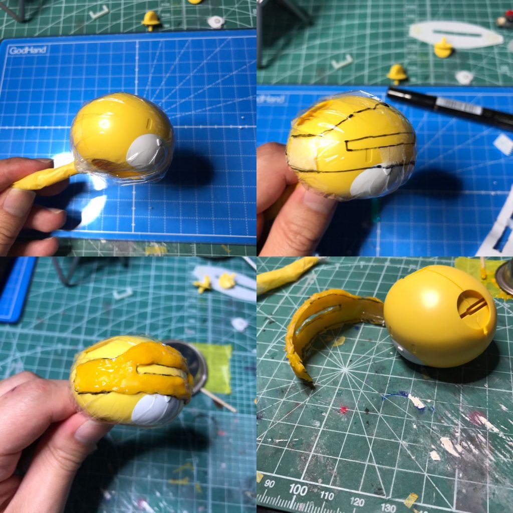 バイザーは、顔パーツをラップで包んでその上から光硬化パテを盛って整形しています。