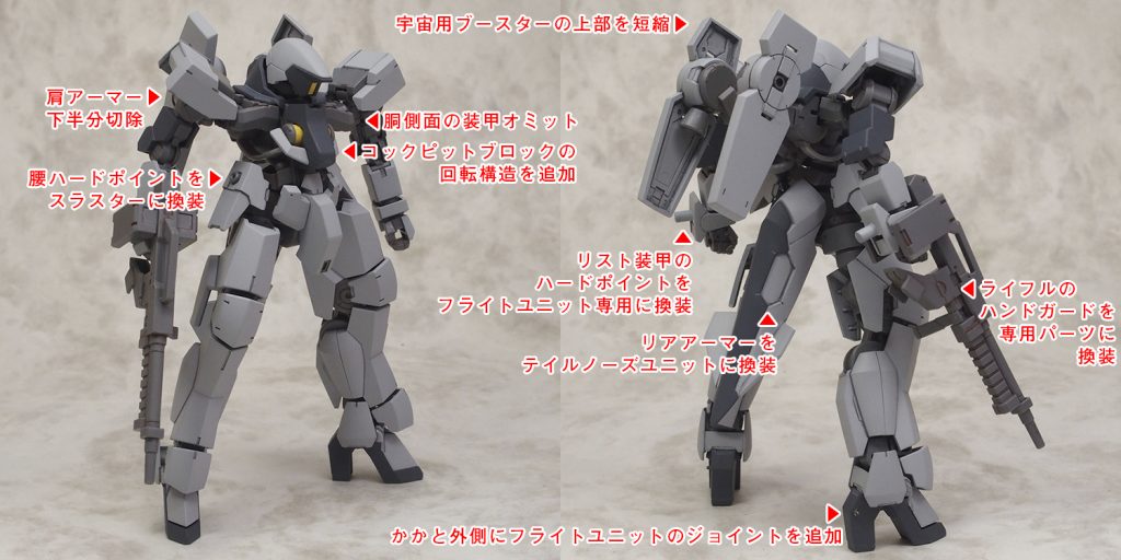 フライトユニットを外した状態でグレイズとの差異を書き出しました。
このまま運用してもテールノーズユニット内にスラスターが1基あるので
グレイズよりも推力ありそうです。
　
　
　