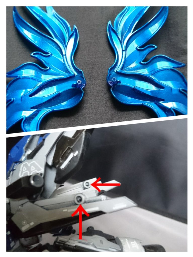 バックパックには、矢印の場所に接続箇所をつけています。エフェクトカラーはメタリックブルー→クリアブルーの順番に塗っています!