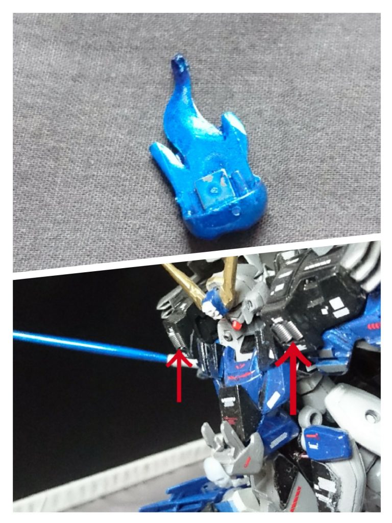 肩部分にスプリングを埋め込み、ディナイアルのエフェクトに磁石をつけています!