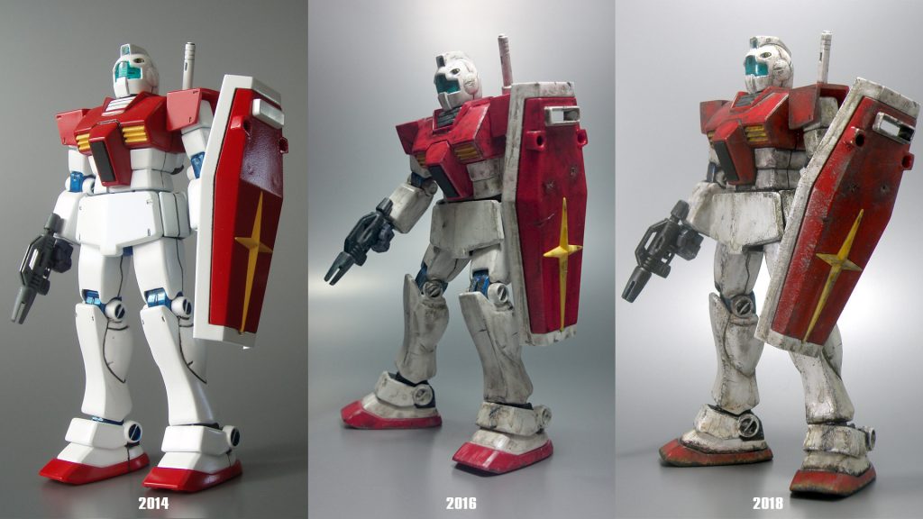初期製作2014年はシールドで分かる通りヒケとかもそのまま→2016年に塗装を落として補修し汚してみる→2018年地上戦線をイメージして汚しのリペイント