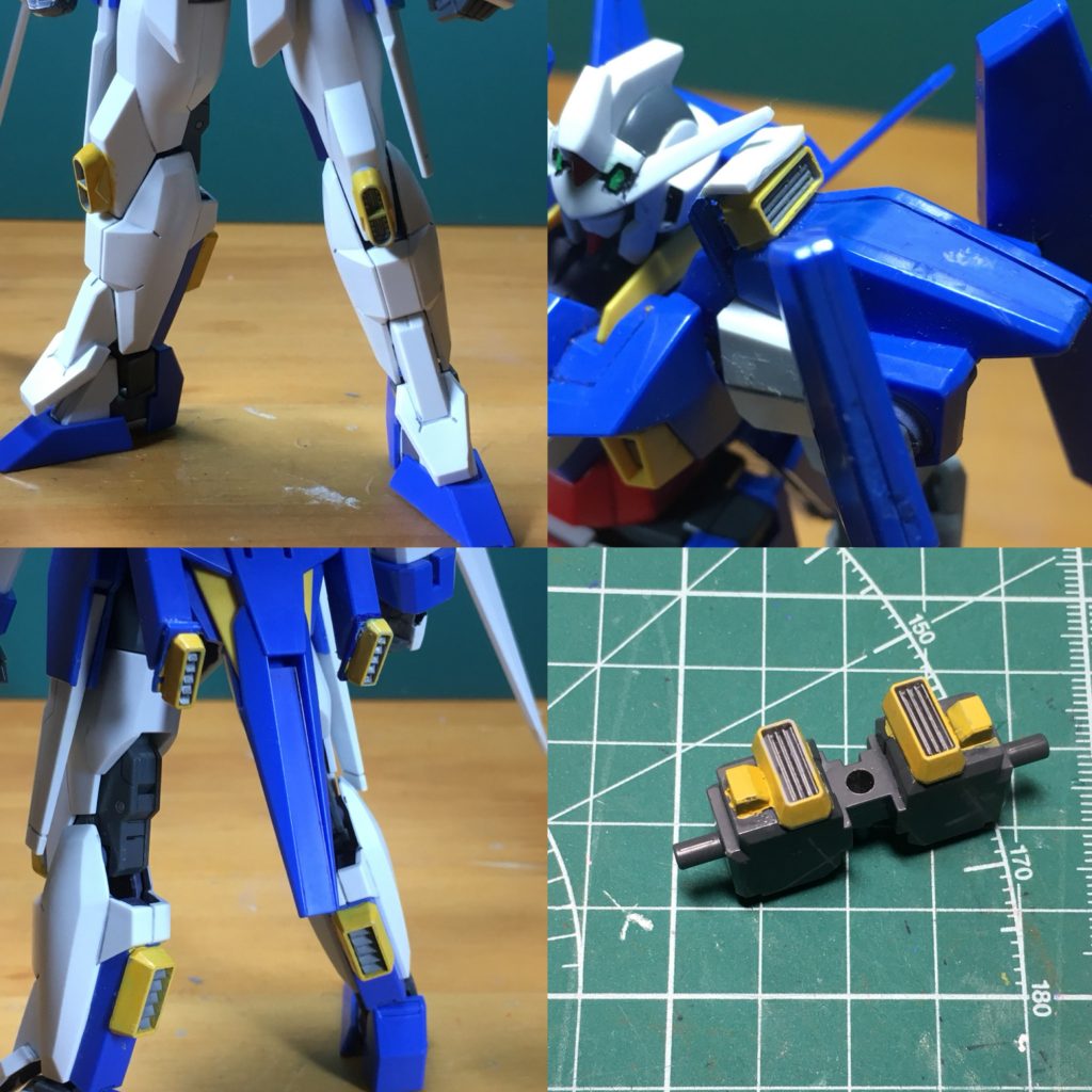 機体各所のバーニア配置。肩の部分はやり直したいところです。ランナータグを積層して土台を作り、瞬着をドボドボ流し込んでいたので、今やどう頑張ってもはがれない状態(苦笑)。
 肩以外にもリアアーマーのサーベルホルダー後端はランナータグで土台を作ってから接着しています。