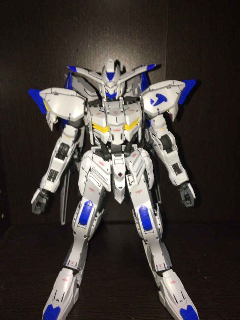 正面からのカットです。
マーキングシールに関しては自分の持ちがデスヘルとバンシィしかなかったので正直どう貼るか悩みましたね(笑)
ただ、個人的にはウェザリングなどの本格的なことをしたかった所なんですが何分本格的にやろうと思ったのがここ最近なもので道具が用意出来ませんでした(泣)