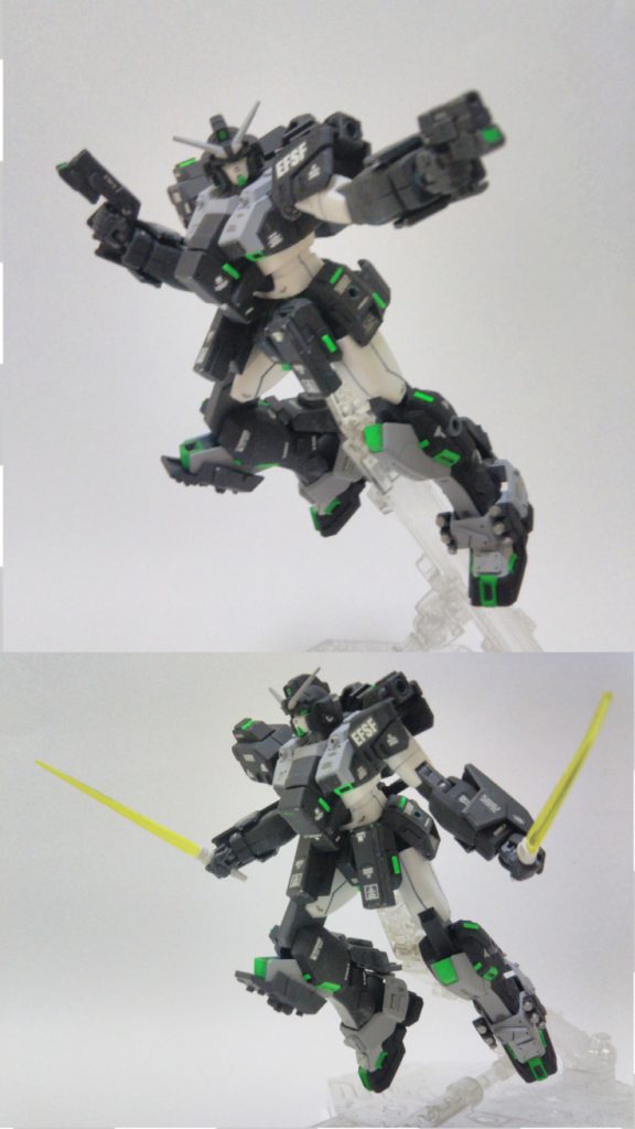 ヘッドバルカン
GNピストル×2
ビームサーベル×2
スモークチャフ×2
フロントスカートを改修しビームサーベルを収納できるようにしました。