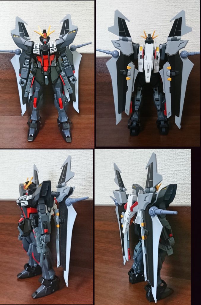 ビルドストライクをブラックと黒に近いグレーとレッドに塗装
ビルドストライクをベースに頭部をノワールに腰のサイドアーマーを加工、マグネット付きにしてハンドガンのマウント出来る用に