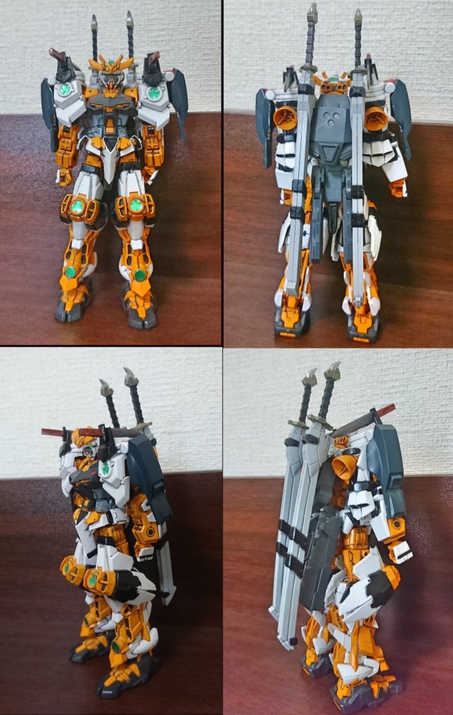 ベースは戦国アストレイで素体そのままに武装面を改良しました
バックパックはフレームアームズのキットジャンクパーツをバックパックスラスターに見立ててバックパックを改良してからウェポンキットの刀の鞘を取り付け
バスターソードもフレームアームズのキットの持ち手を調節
ライフルもフレームアームズの
腰に取り外し出来る用にハンドガン
肩の刀を付けていた所にトータルイクリスプの武御雷の余剰パーツの刃を利用してナイフ
サブアームがあった所に旧HGのガンダムDXの足のアーマーで内部にビームサーベルを