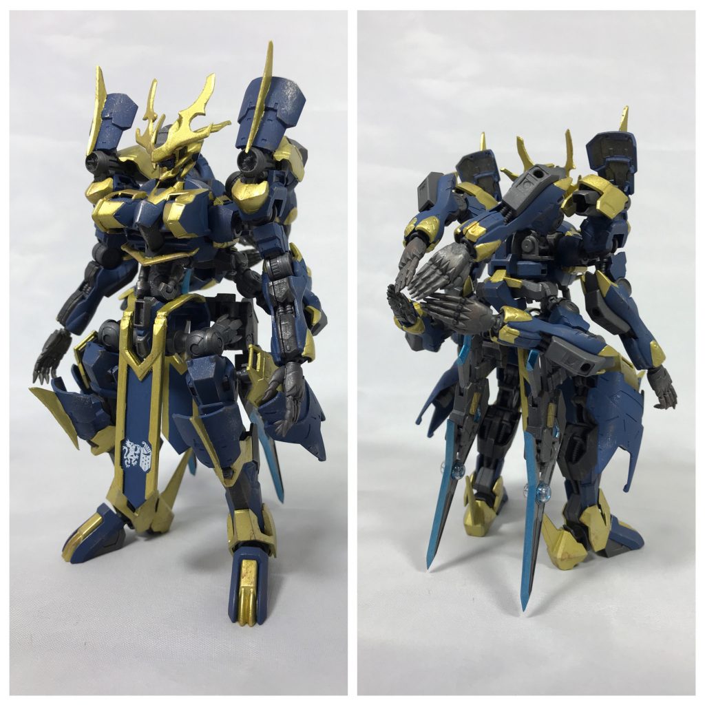 ## [ASW-G-67-Amd:R 斑鳩(イカルガ)]
本機、斑鳩はMS開発技術統合化プロジェクトにおいて元歳星の技術者*クラタ・アーレイ*をリーダーとするプロジェクトチームにより生み出されたMSの1機である。
テストパイロットはギャラルホルン所属の*オルク・アトヴァル*。

本機は、大破状態でギャラルホルンに回収、保管されていたガンダムフレーム、アムドゥキアスをベースに修復したもので、その基礎設計にはザルムフォート家が所有するダンタリオンや先の騒乱で回収された鉄華団所有のガンダムフレームのデータが流用されている。
また、サブアームや新型擬似阿頼耶識システムなど新技術も多く採用されており、ガンダムフレーム機のリペアではなく、高コスト実験機としての側面が強い機体といえる。

動力として、並列稼働している2基のメインエイハブリアクターに加え、背部に1基のサブエイハブリアクターが搭載されており、非常に高い出力を誇る。