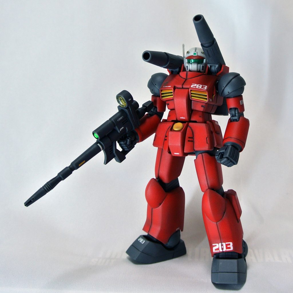 これはパーツ取りに使ったHGUC「ガンキャノン」がベース。墨入れ＋つや消しの簡単フィニッシュ。
一応量産型ということで、娘の名を冠した「283小隊」に入隊。元203号機をベースに初期型などのパーツを寄せ集めてレストア…などと妄想して、「203」を無理やり「283」に変更したかのようにデカールを貼っています。