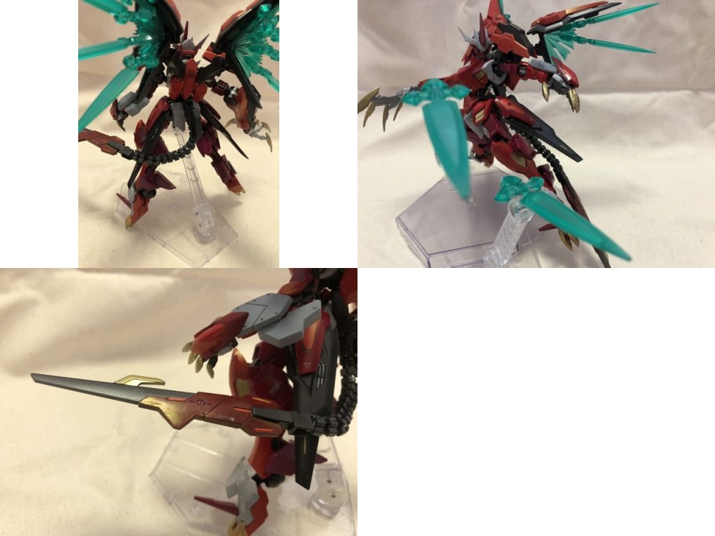 背部①-焔王刃翼-
ダンボール戦機のアキレスD9から拝借しました。
飛行の補助とまた切りはずして飛ばすことが可能です。
背部②-焔王剣尾-
ルプスレクスの尻尾よりもより尻尾らしくしたくて、バクゥの首を使って腰から伸ばしました。
ルプスレクスと同じくここから更にワイヤーで飛ばすことが可能です。