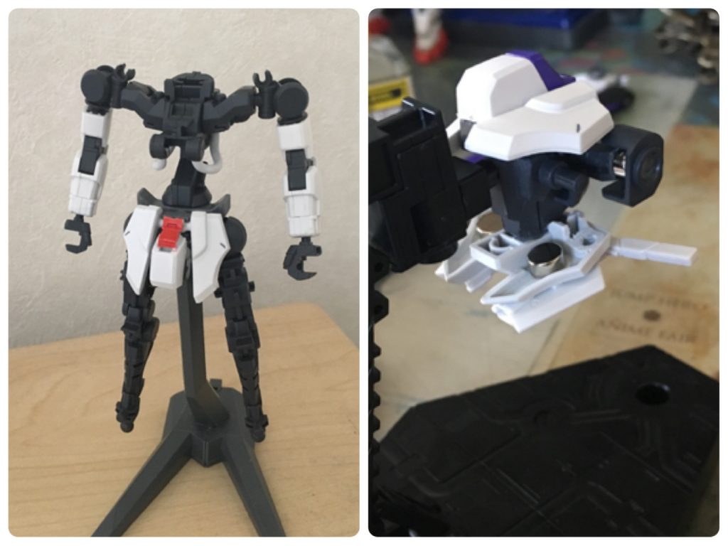 今回は色々と初の挑戦がありました。
まず全身に貼られたデカール、実は今回が初めてでした!次回から毎回使っていこうと思います、これはいいシールだ。
お次は画像左のヴァルキュリア・フレーム。
HGでほぼ全身に内部骨格の機体を作るのは初めての挑戦でした(両腕部はガンダムAGE2)…「ほぼ」全身ですほぼ!笑
そして今回最大の挑戦、ネオジム磁石の使用です!画像右は股関節部の拡大写真、両腰のビームピストルには内部にクリップを3mmほど切断した鉄片を仕込むことで表面の加工は一切なく磁力でマウントしています!
両腰のスラスターもネオジム磁石で装着しています。