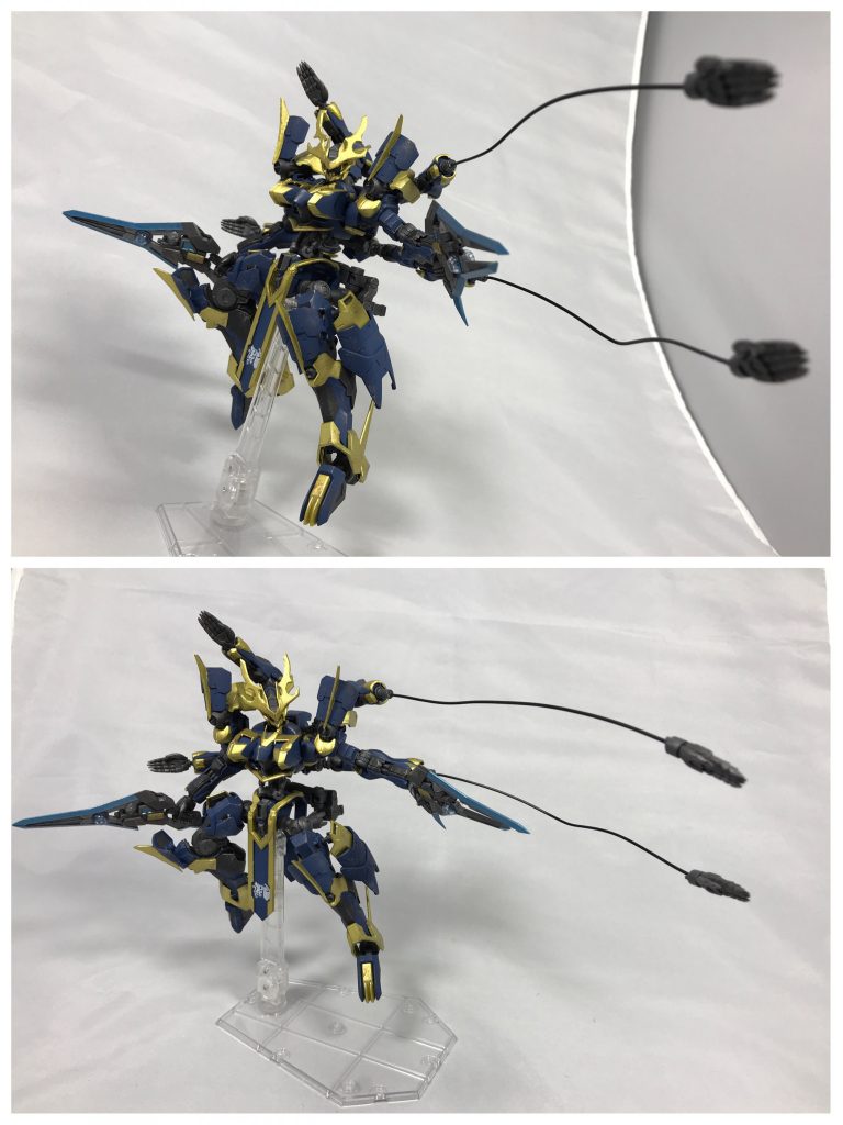 ## [ラーフフィスト]
斑鳩の腕部に内蔵されたアンカー。
バルバトスルプスレクスに搭載されていたテイルブレードを簡略化し再現したもの。

テイルブレードのような自在な操作を行う為には 擬似阿頼耶識システムであるAileシステムの高度な支援が必須であるが、アンカーとしての直線的な射出であれば Aileシステムの支援なしでも使用することができる。