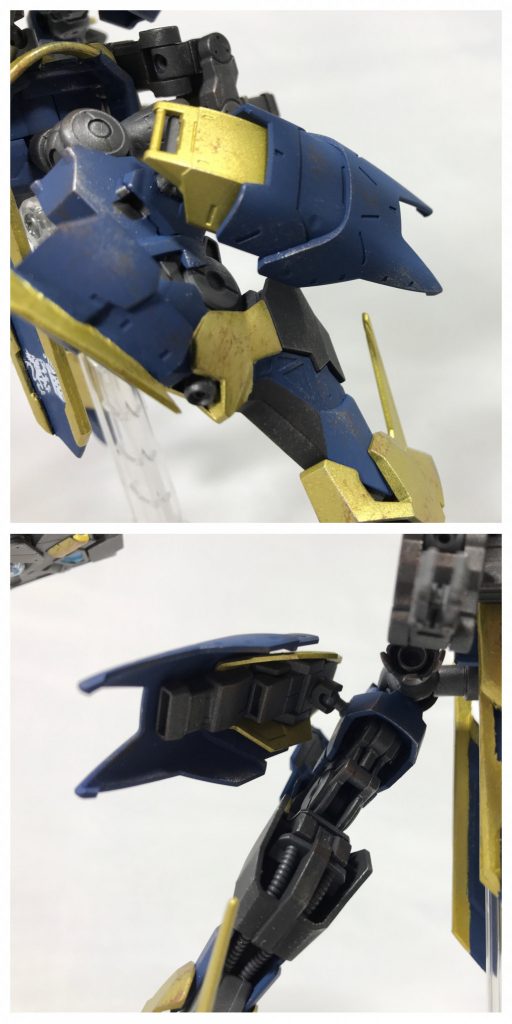 ## [エイハブジェットスラスター]
脚部に装備された大型エイハブスラスター。
本来、エイハブ粒子の崩壊速度の速さから姿勢制御程度にしか使用できないエイハブスラスターであるが、斑鳩に搭載された3基のエイハブリアクターから放出される莫大なエイハブ粒子を用いることで十分な推力としての使用を実現した。

このエイハブジェットスラスターと肩部、脚部フレームに装備されたスラスターを併用することで、短時間であれば滞空することも可能である。