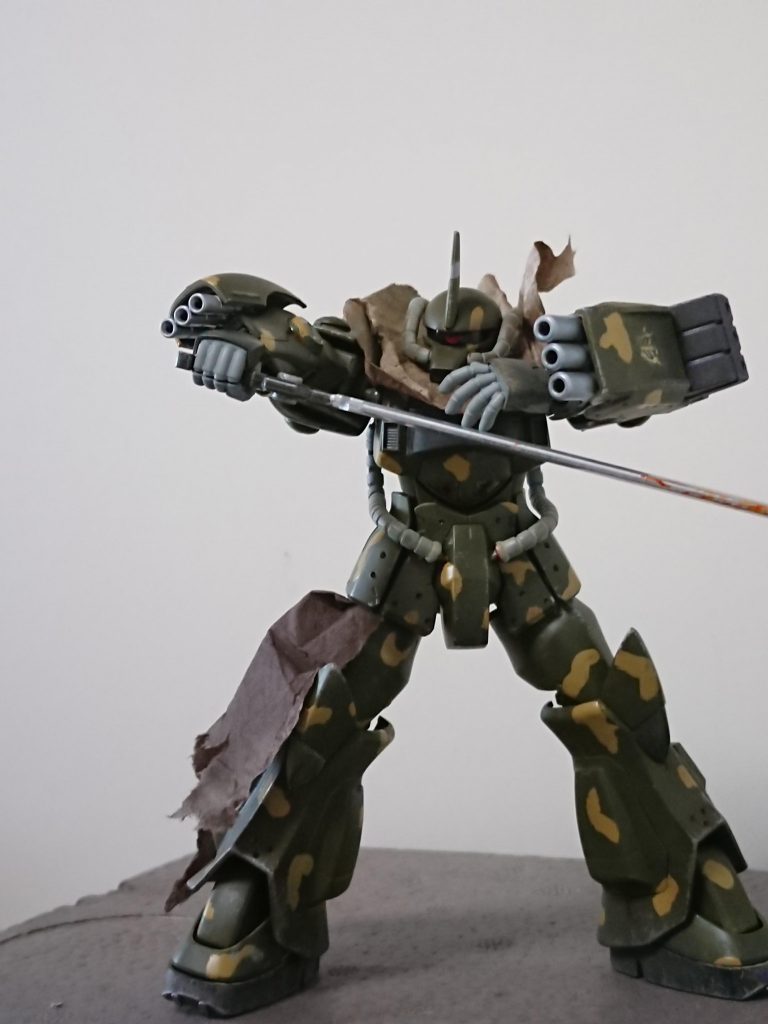 両腕に牽制射撃武装を備え、それぞれ左腕の三連装ミサイルランチャー、右腕の籠手内蔵式バルカン砲となっている。バルカン砲はグフのフィンガーバルカンの改修型。