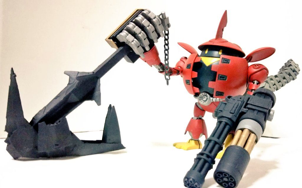 武装はプラ角棒とメイスとその他ジャンクパーツで組み合わせて作りました。また以前からやってみたかった溶きパテを筆で塗りたくって鋳造風にしてみました。