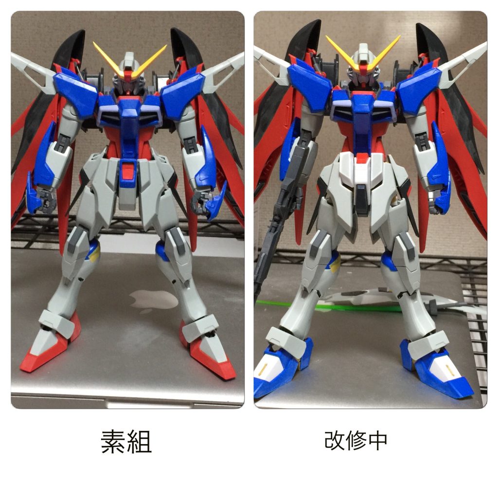 まず、素体のMGデスティニーを好みのプロポーションにすることから改修をスタートさせました。
ギミックの為がに股になる股関節や、寸詰まり感のある胴・首、腕の取り付け位置の修正等を実施しています
この状態からMGデスティニー作ってみたいなぁとも思ってますw