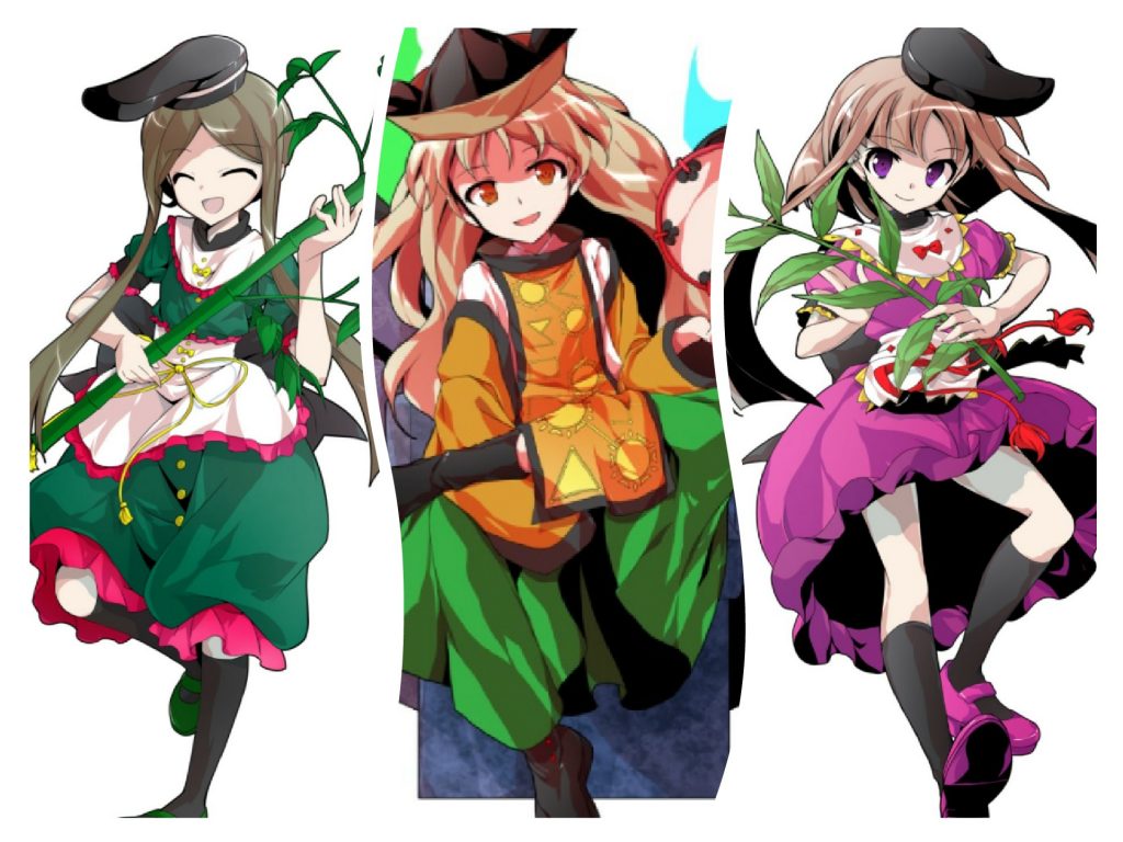 そして再現しようとしたキャラクターは、「東方天空璋」より、丁礼田舞(左)、摩多羅隠岐奈(中央)、爾子田里乃(右)の3人です。
※使用させて頂いた画像提供元はdairi&はるか様です。ありがとうございます